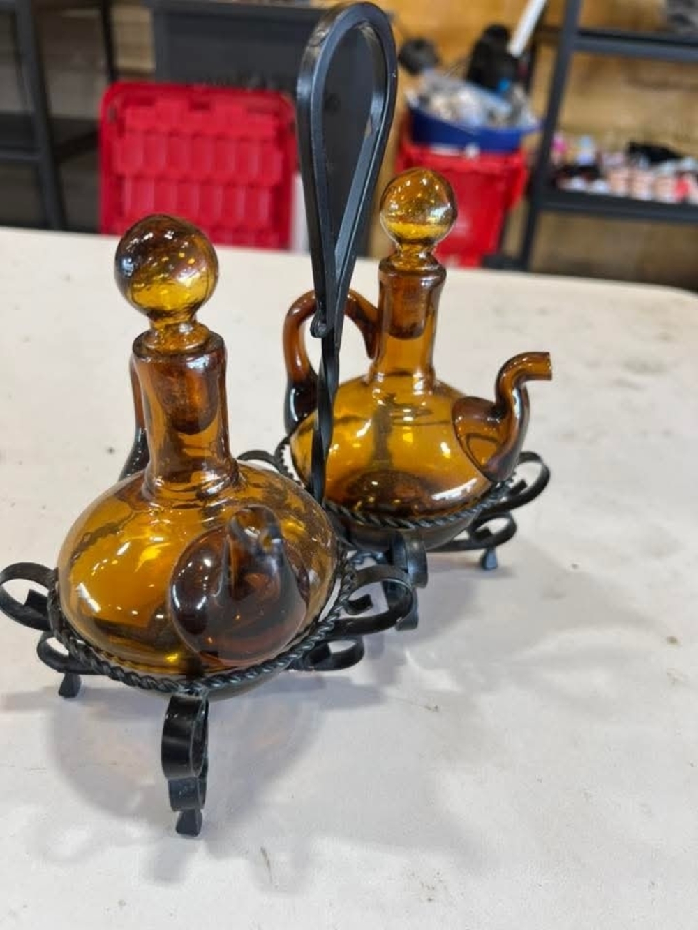 Amber Glass Cruet Set with Black Wrought Holder